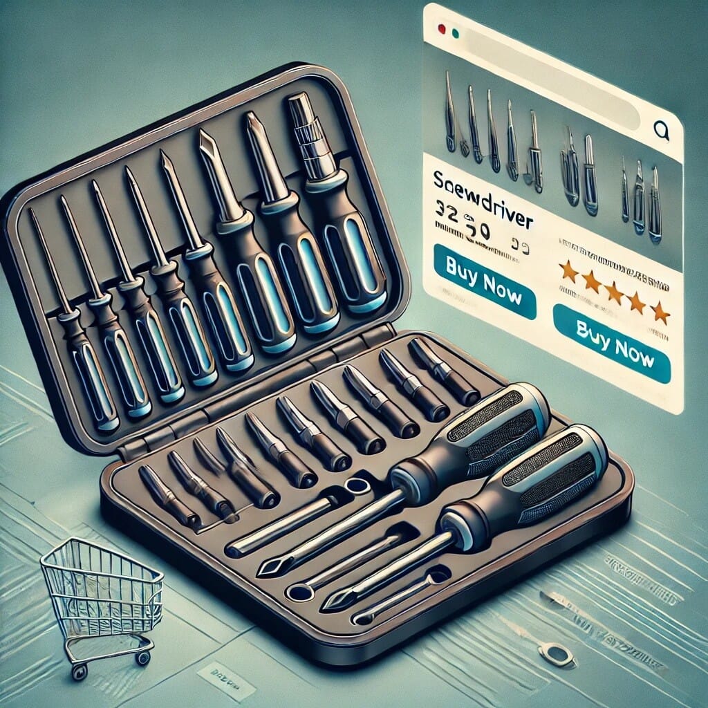 DALL·E 2024-12-27 11.45.00 - A detailed illustration of a complete screwdriver set, including flathead, Phillips, and precision screwdrivers, neatly arranged in a durable case. Th