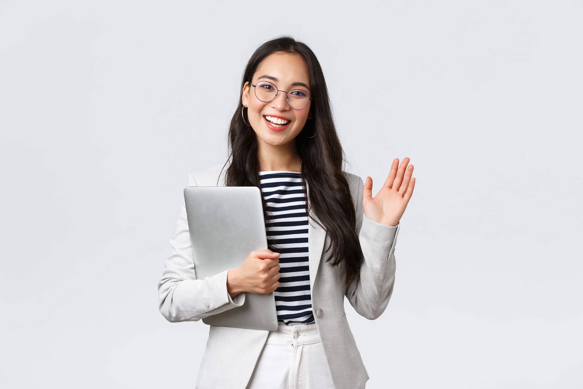 business finance employment female successful entrepreneurs concept friendly smiling office manager greeting new coworker businesswoman welcome clients with hand wave hold laptop ()