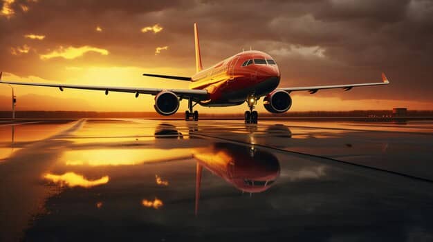 airplane runway airport sunset travel concept