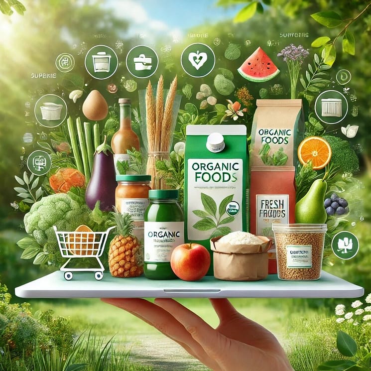 DALL·E 2024-12-27 09.48.53 - A vibrant and clean e-commerce interface displaying organic food products, including fresh fruits, vegetables, grains, and spices, with a focus on eco