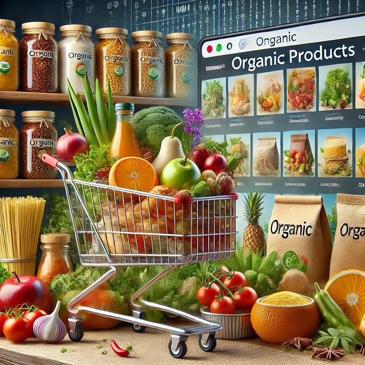 DALL·E A vibrant and realistic image showcasing a variety of organic products available for purchase online in India The image features fresh organic fruits
